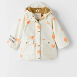 Zara Kids Rubberized Raincoat beige with neon hearts size 2-3 year